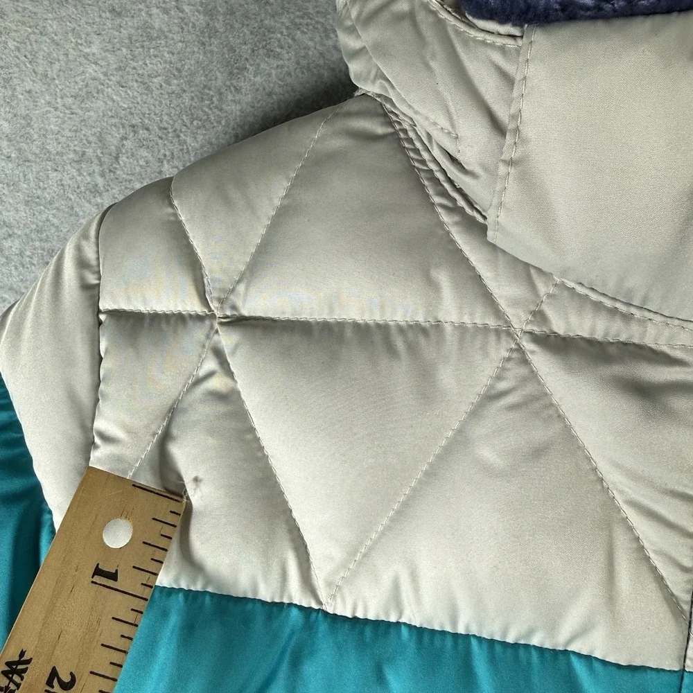 LL Bean Jacket Kids Downtek Medium 10-12 Blue Colorblock Hooded Puffer